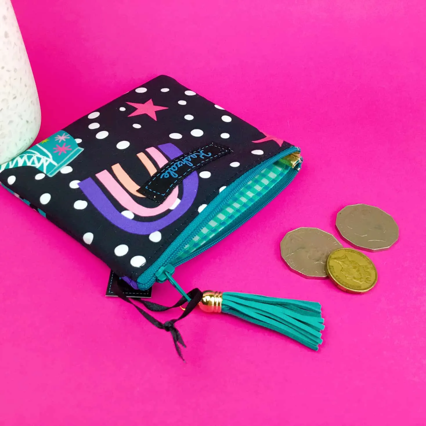 Roller Skating Rainbow Coin Purse. Whimsy Kaleidoscope Design.