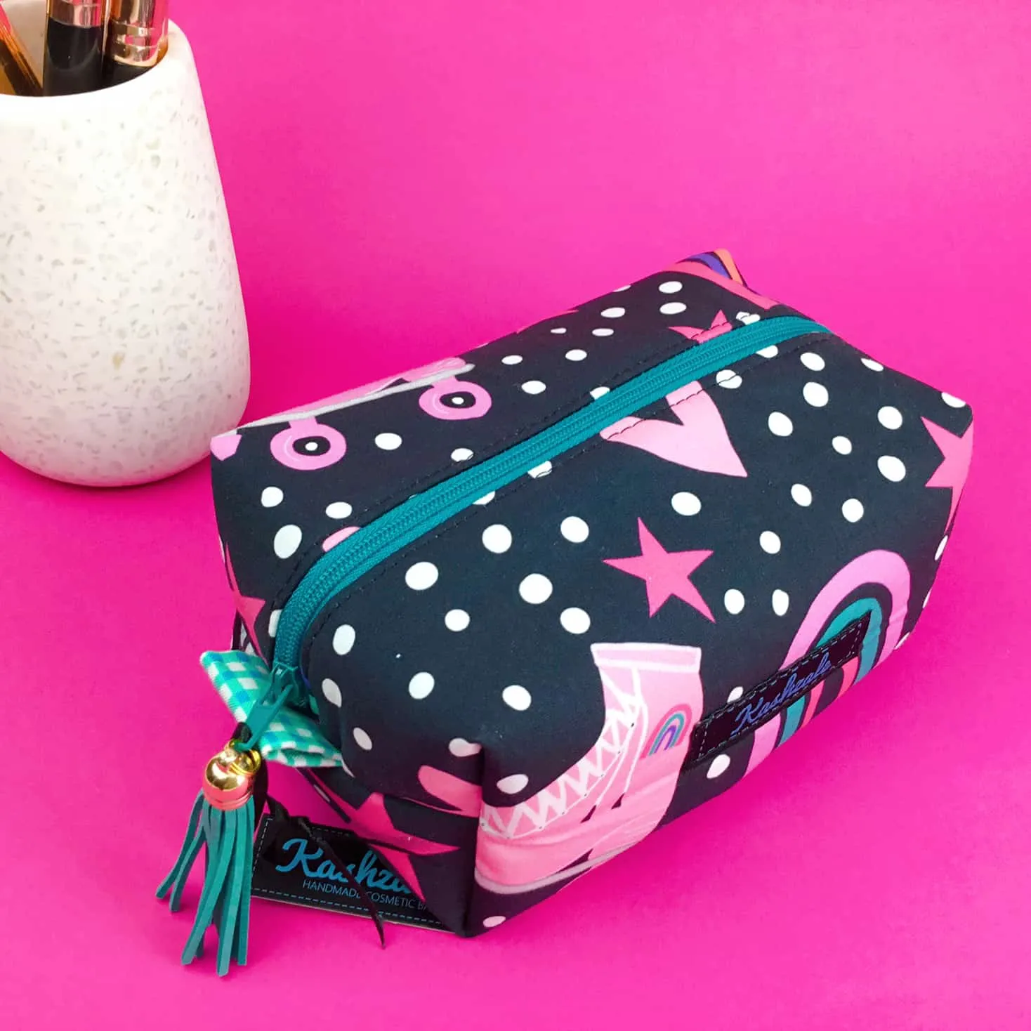 Roller Skating Rainbow Medium Box Makeup Bag.