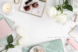 Roses, Marble Laptop and Iridescent Notebook Flatlay