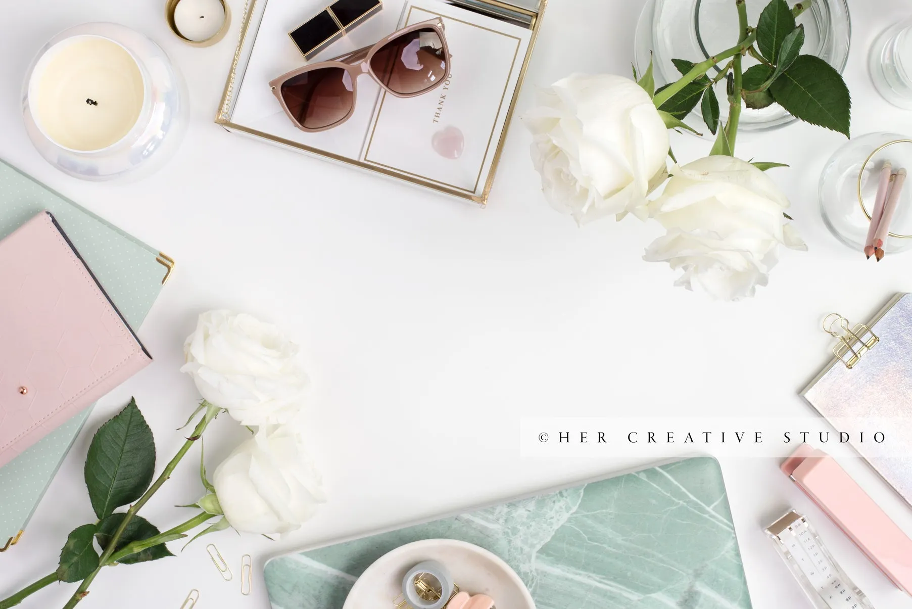 Roses, Marble Laptop and Iridescent Notebook Flatlay