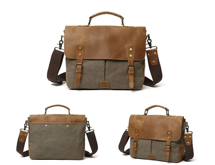 Rutherford Vintage Leather & Canvas Messenger Bag Briefcase - 14 inches
