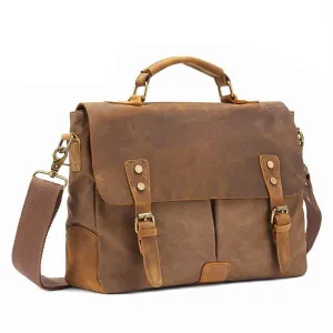 Rutherford Vintage Leather & Canvas Messenger Bag Briefcase - 14 inches