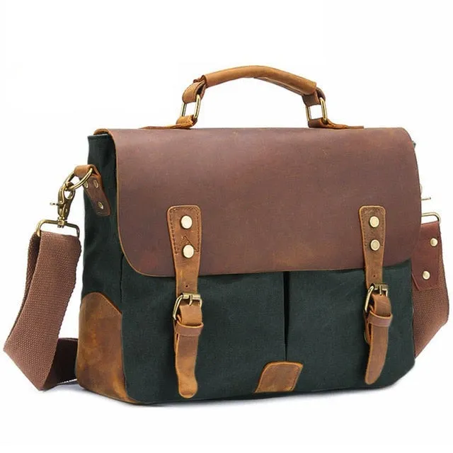 Rutherford Vintage Leather & Canvas Messenger Bag Briefcase - 14 inches