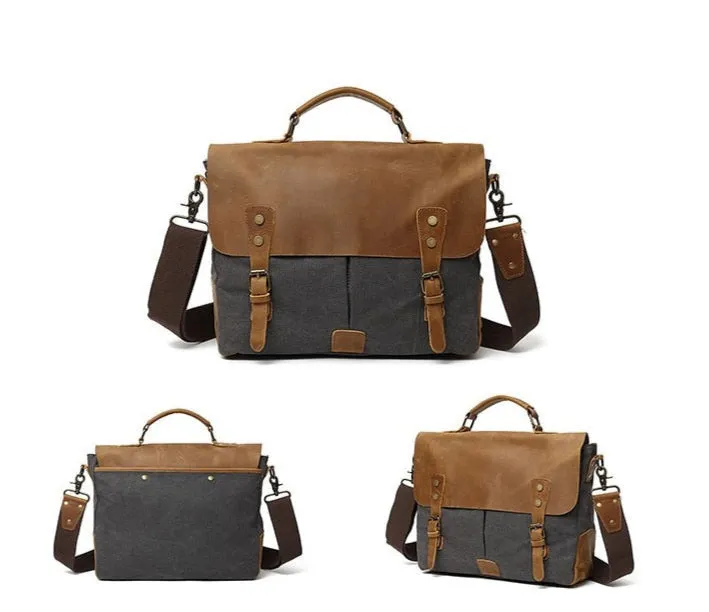 Rutherford Vintage Leather & Canvas Messenger Bag Briefcase - 14 inches