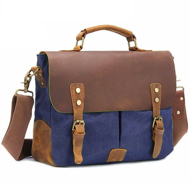 Rutherford Vintage Leather & Canvas Messenger Bag Briefcase - 14 inches