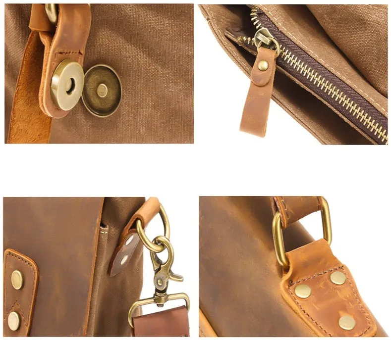 Rutherford Vintage Leather & Canvas Messenger Bag Briefcase - 14 inches
