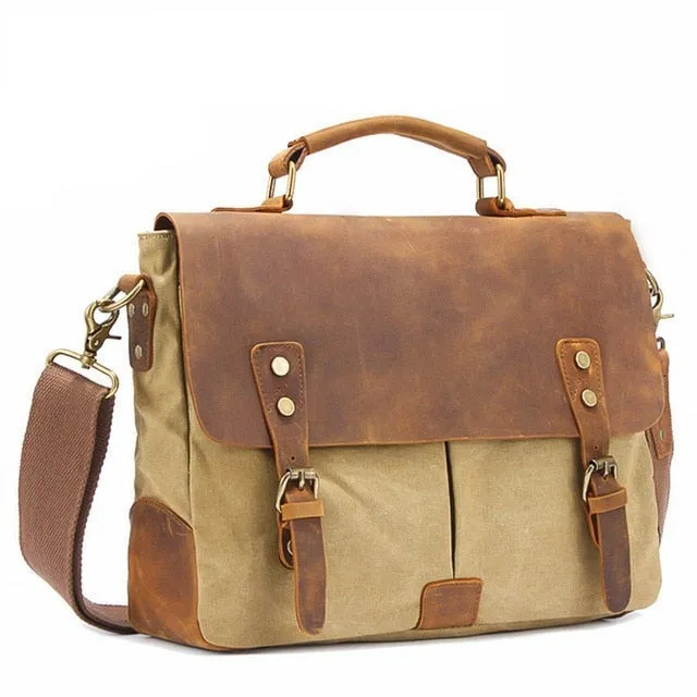 Rutherford Vintage Leather & Canvas Messenger Bag Briefcase - 14 inches