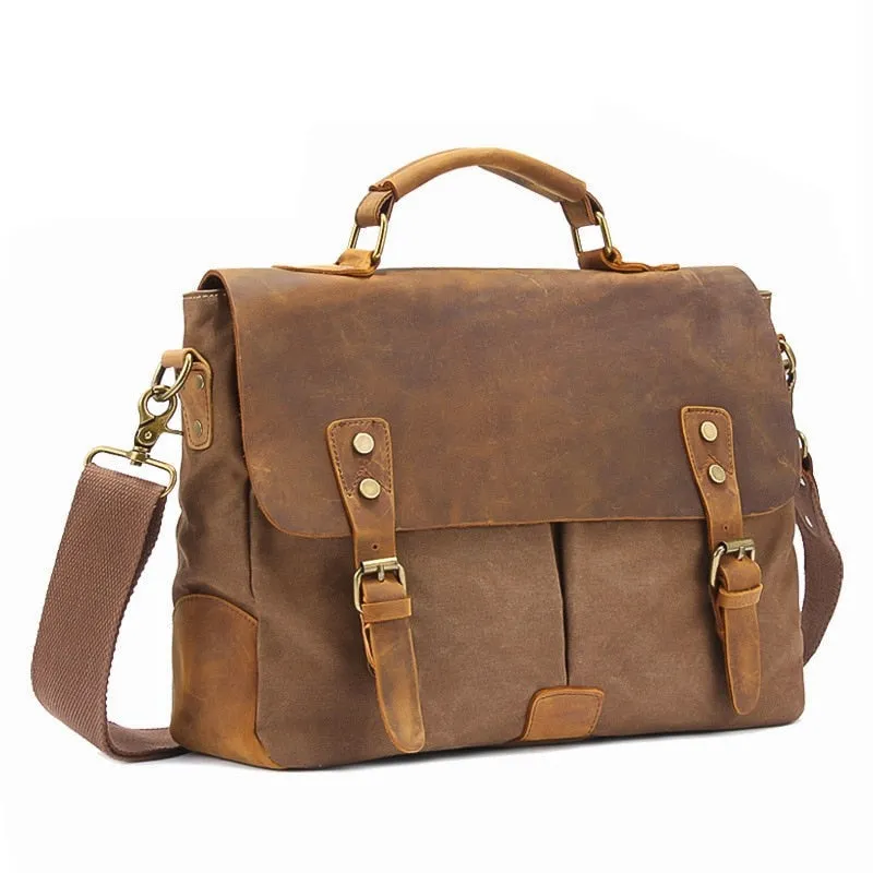Rutherford Vintage Leather & Canvas Messenger Bag Briefcase - 14 inches