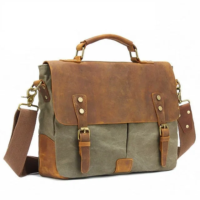 Rutherford Vintage Leather & Canvas Messenger Bag Briefcase - 14 inches