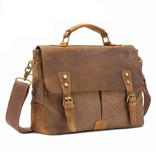 Rutherford Vintage Leather & Canvas Messenger Bag Briefcase - 14 inches