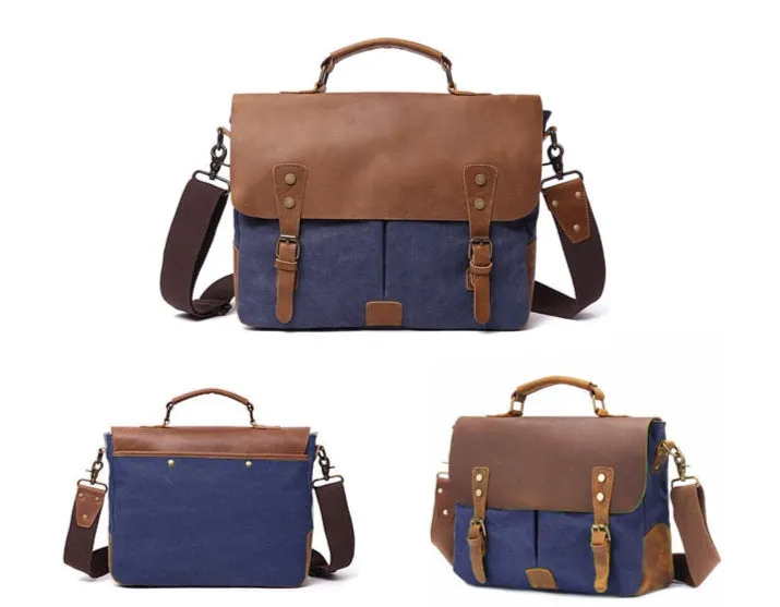 Rutherford Vintage Leather & Canvas Messenger Bag Briefcase - 14 inches