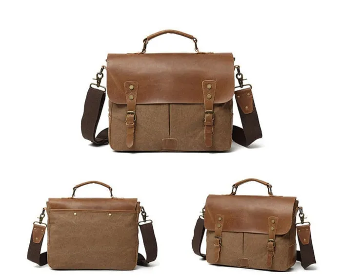 Rutherford Vintage Leather & Canvas Messenger Bag Briefcase - 14 inches
