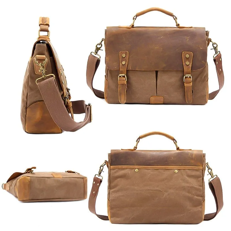 Rutherford Vintage Leather & Canvas Messenger Bag Briefcase - 14 inches