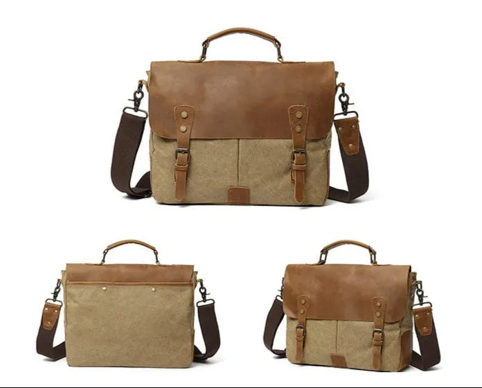 Rutherford Vintage Leather & Canvas Messenger Bag Briefcase - 14 inches