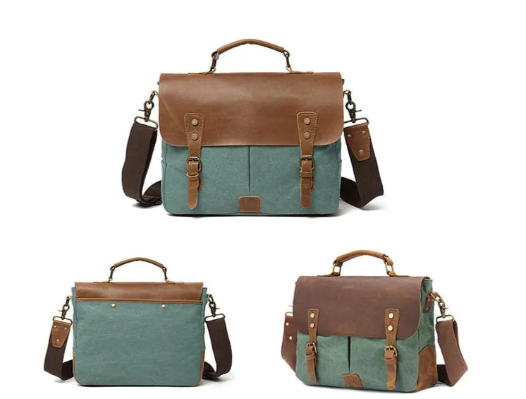 Rutherford Vintage Leather & Canvas Messenger Bag Briefcase - 14 inches