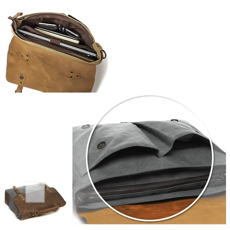 Rutherford Vintage Leather & Canvas Messenger Bag Briefcase - 14 inches