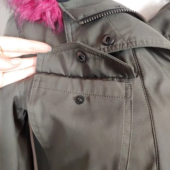 S13 New York Field Hooded Parka Coat Green Pink Faux Fur Trim