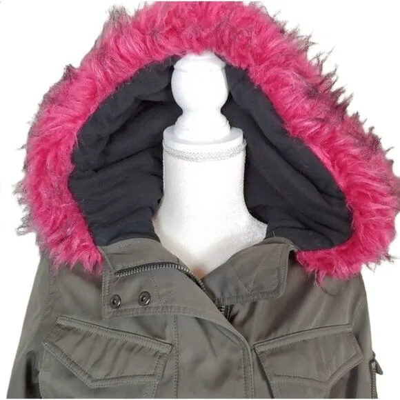 S13 New York Field Hooded Parka Coat Green Pink Faux Fur Trim