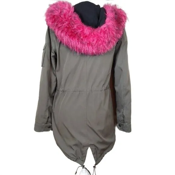 S13 New York Field Hooded Parka Coat Green Pink Faux Fur Trim