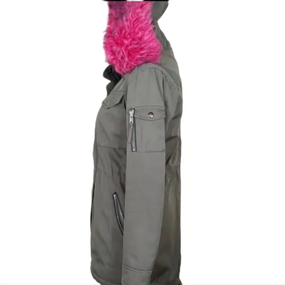 S13 New York Field Hooded Parka Coat Green Pink Faux Fur Trim