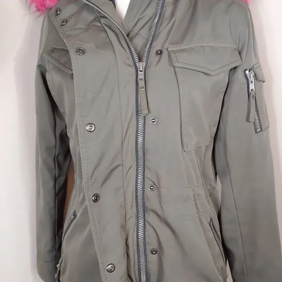 S13 New York Field Hooded Parka Coat Green Pink Faux Fur Trim