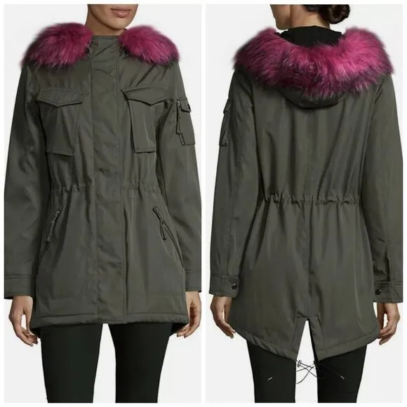 S13 New York Field Hooded Parka Coat Green Pink Faux Fur Trim