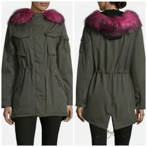 S13 New York Field Hooded Parka Coat Green Pink Faux Fur Trim