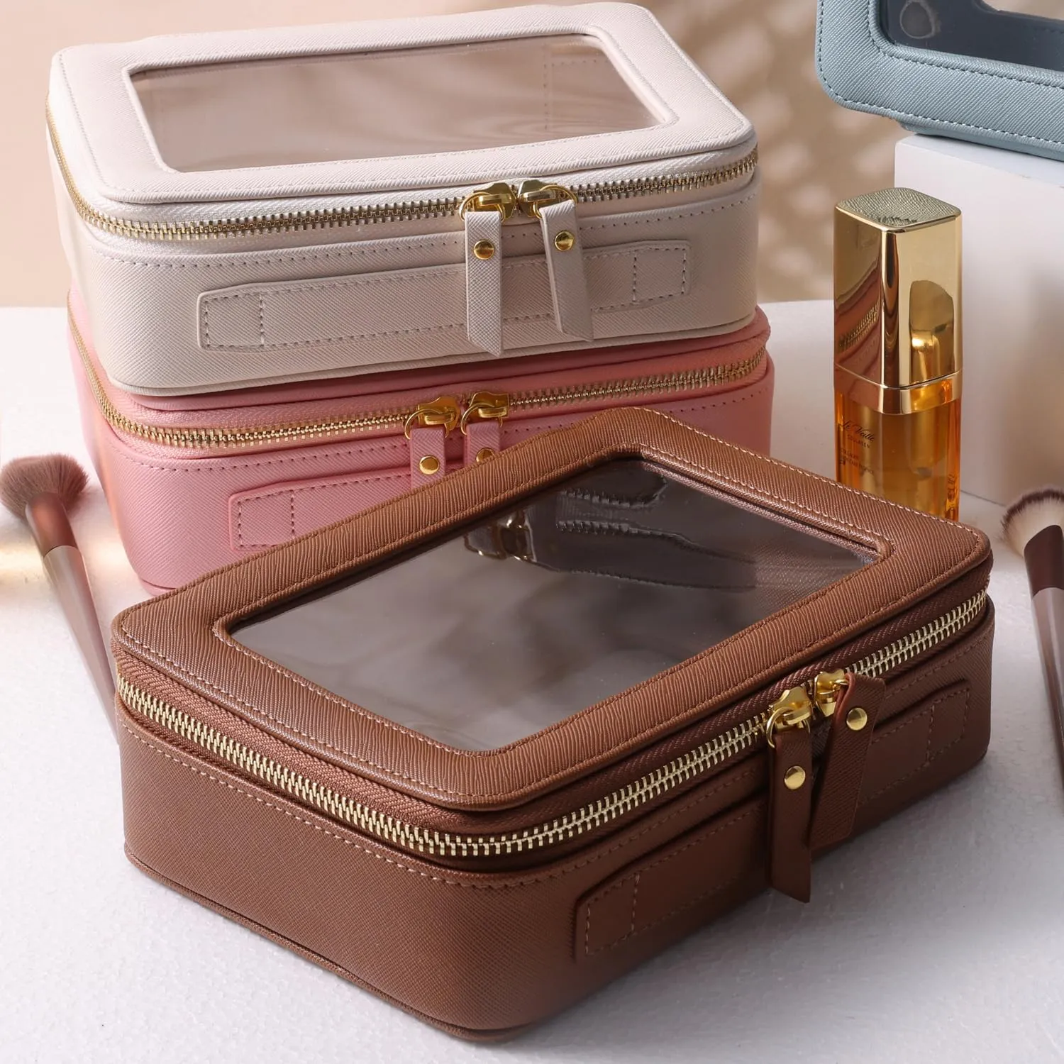 SANHECUN Toiletry bag waterproof cosmetic organizer with handle large opening for travelling car organizer (Brown)