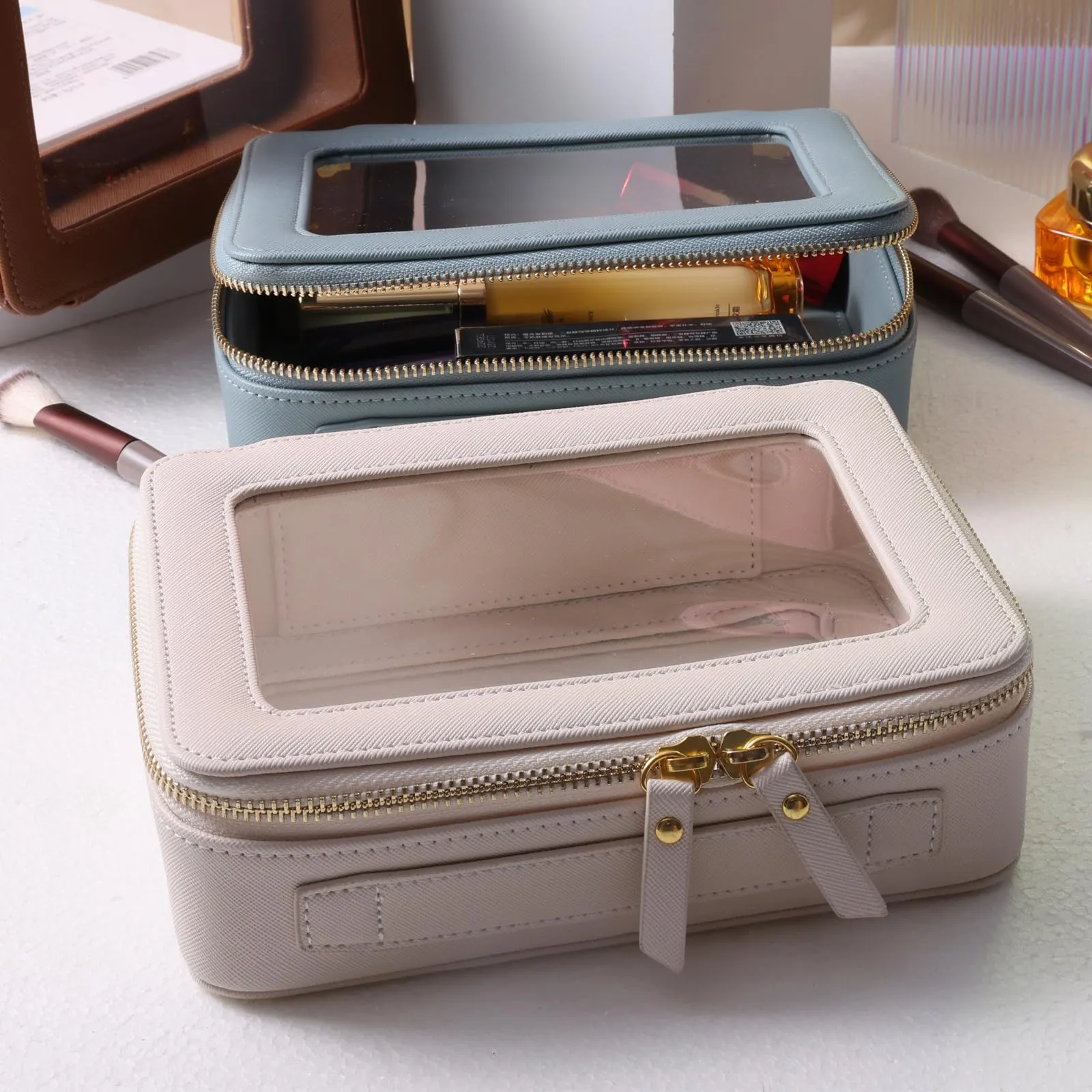 SANHECUN Toiletry bag waterproof cosmetic organizer with handle large opening for travelling car organizer (White)