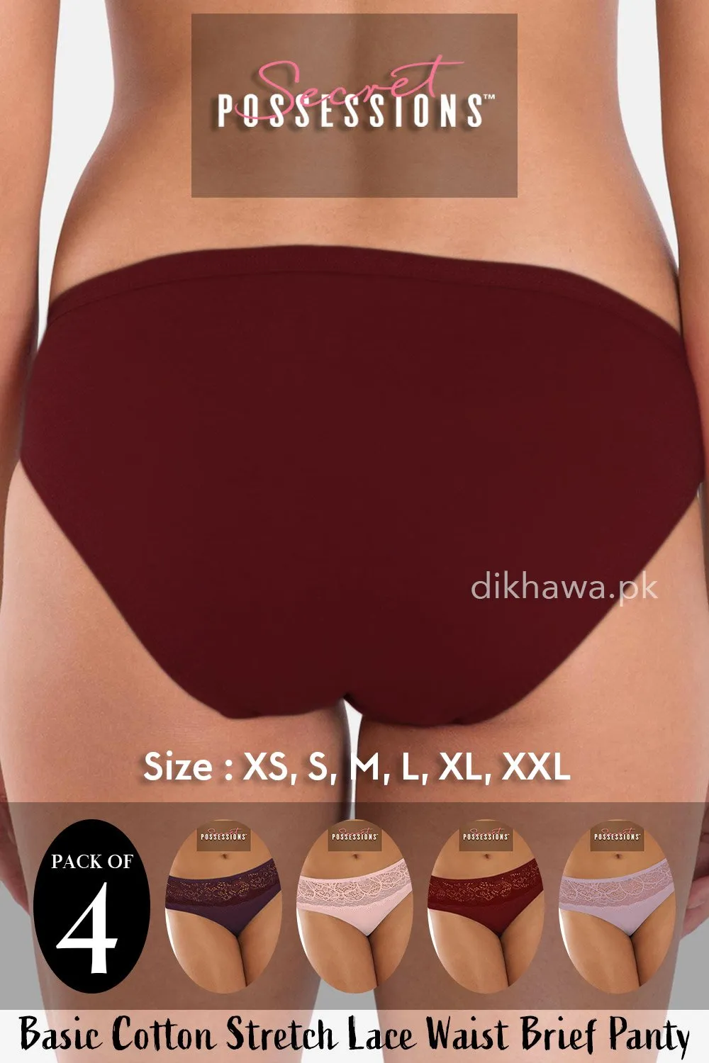 Secret Possessions Panty - Basic Cotton Stretch Lace Waist Brief Panty Pack of 4