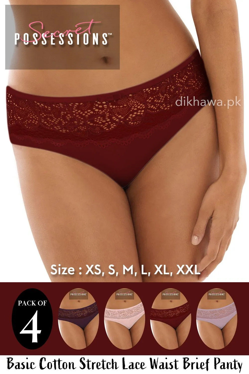 Secret Possessions Panty - Basic Cotton Stretch Lace Waist Brief Panty Pack of 4
