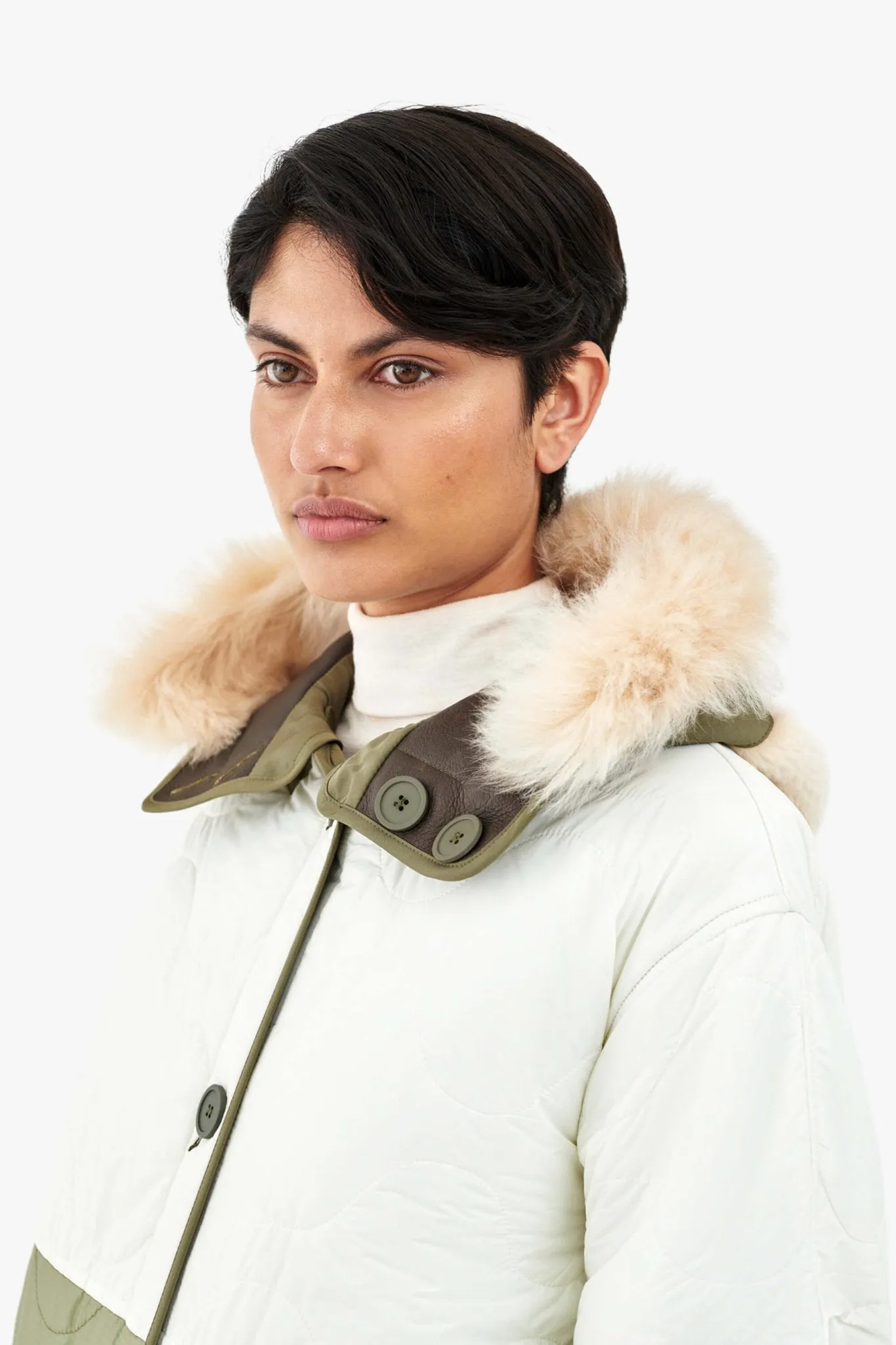 Shearling Leather Hood - Blush / Dark Olive