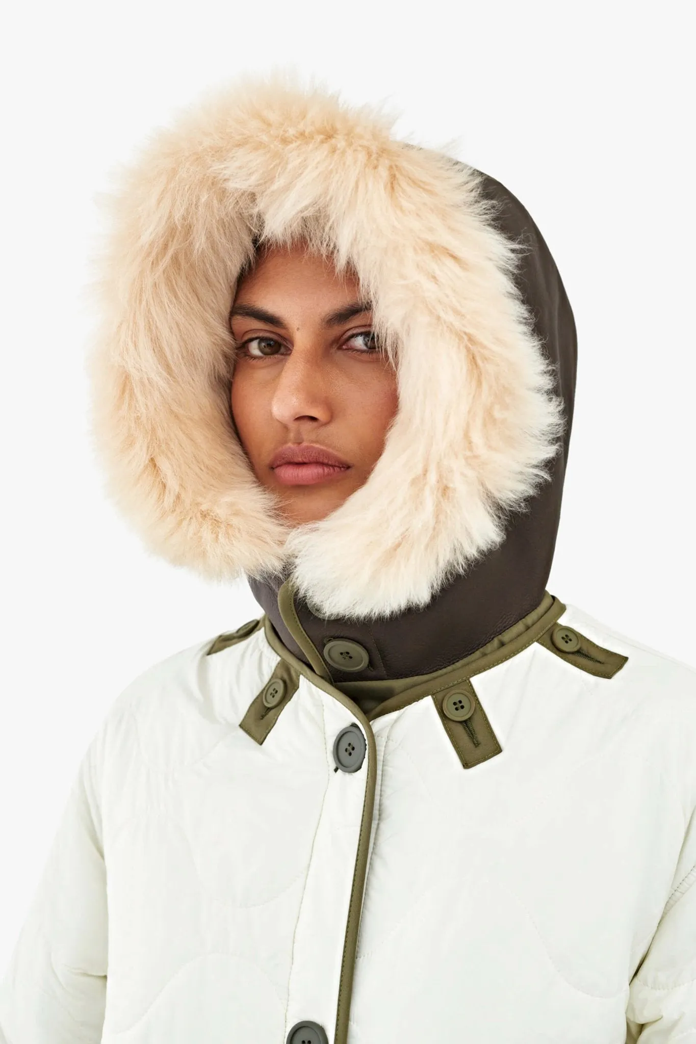 Shearling Leather Hood - Blush / Dark Olive