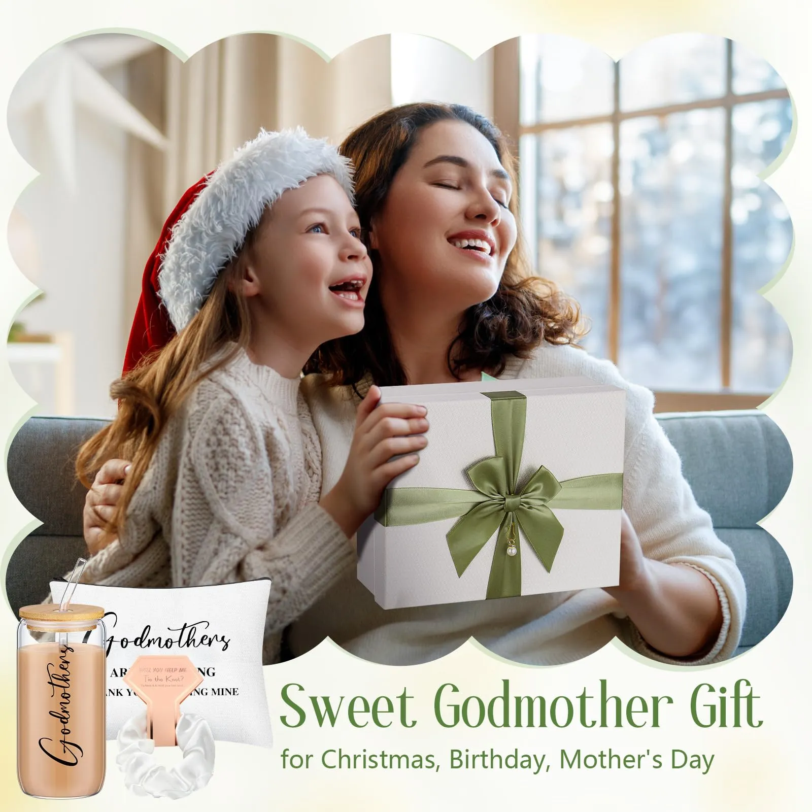 Skylety Godmother Proposal Gifts Set 16 oz Coffee Glass Godmother Cosmetic Bag White Hair Scrunchies,Gift Box, Christmas Gifts for Godmother, Christmas Wedding Holiday Appreciated Gift