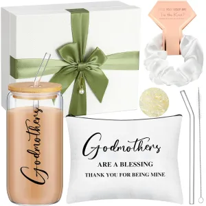 Skylety Godmother Proposal Gifts Set 16 oz Coffee Glass Godmother Cosmetic Bag White Hair Scrunchies,Gift Box, Christmas Gifts for Godmother, Christmas Wedding Holiday Appreciated Gift