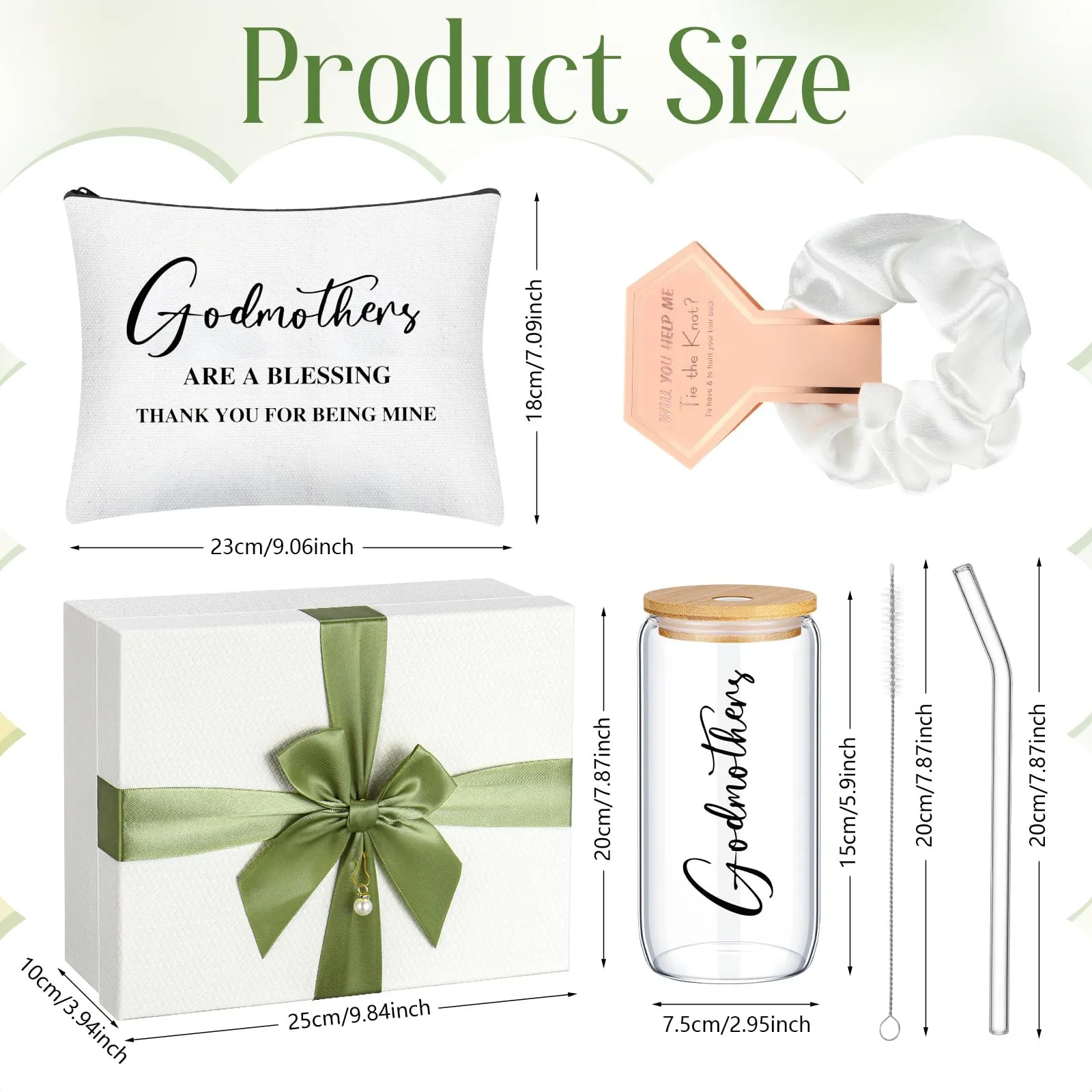 Skylety Godmother Proposal Gifts Set 16 oz Coffee Glass Godmother Cosmetic Bag White Hair Scrunchies,Gift Box, Christmas Gifts for Godmother, Christmas Wedding Holiday Appreciated Gift
