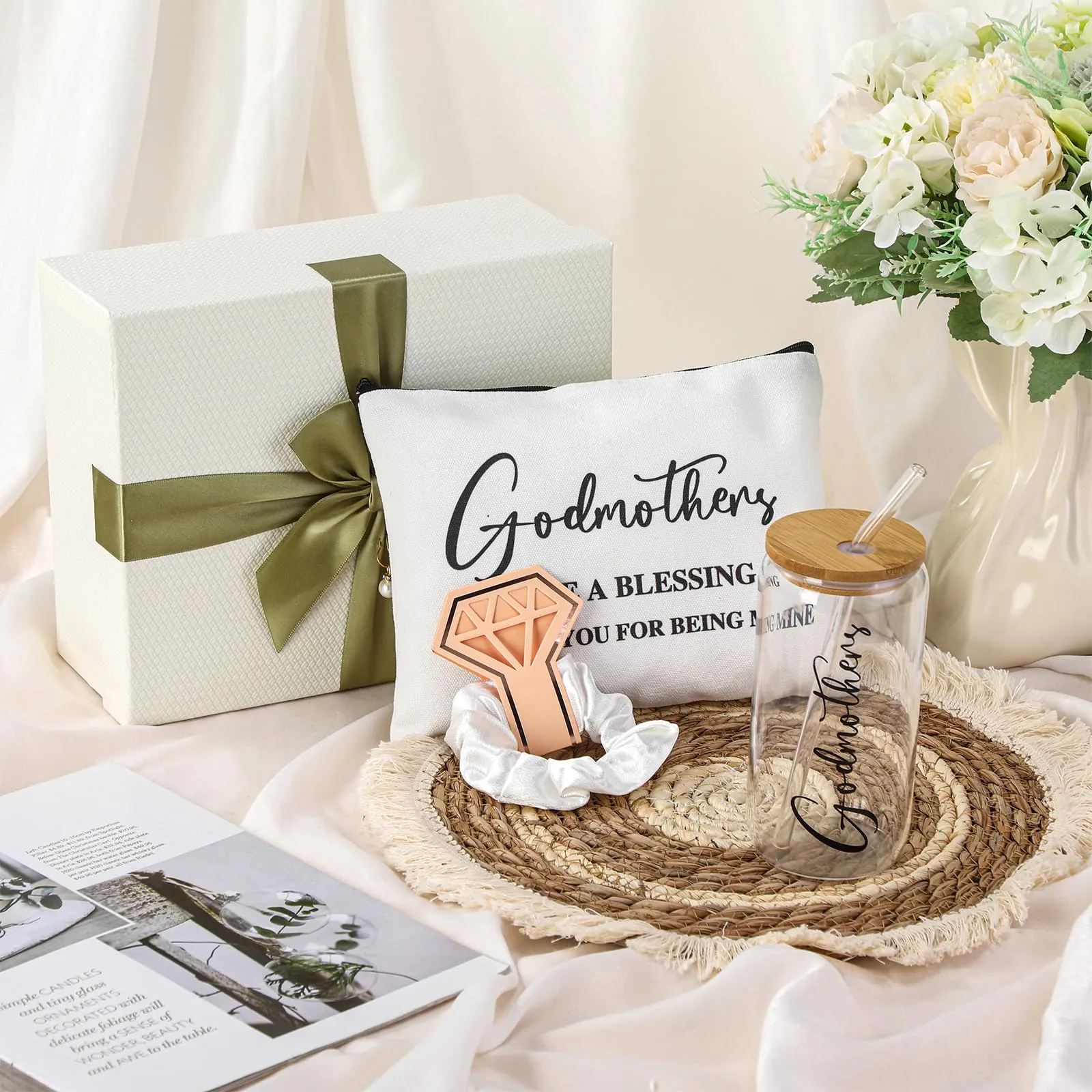 Skylety Godmother Proposal Gifts Set 16 oz Coffee Glass Godmother Cosmetic Bag White Hair Scrunchies,Gift Box, Christmas Gifts for Godmother, Christmas Wedding Holiday Appreciated Gift