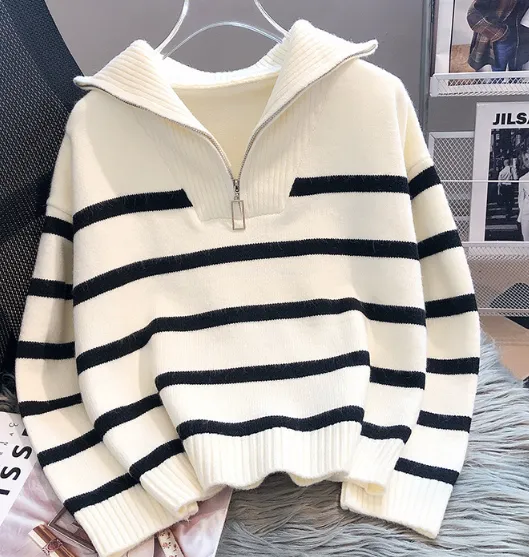 Striped sweater with zipper closure