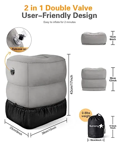Sunany Inflatable Travel Foot Rest Pillow, Airplane Bed for Kids and Toddler, Adjustable Height Portable Elevating Leg, Trains, Cars, Home, Office (2 Pack)