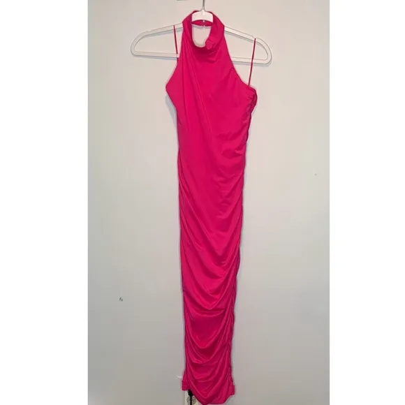 Superdown Revolve Mallory High Neck Midi Ruched Dress Halter Hot Pink