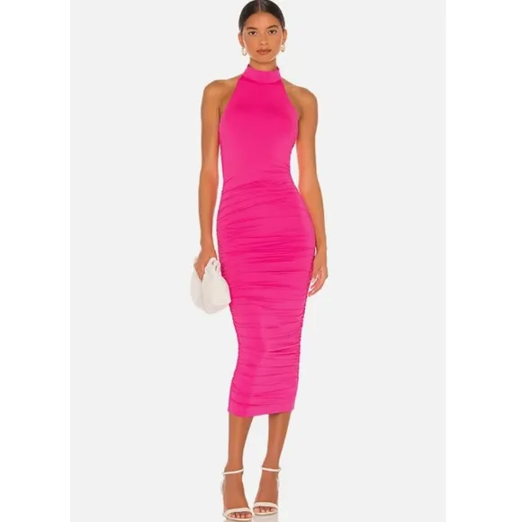 Superdown Revolve Mallory High Neck Midi Ruched Dress Halter Hot Pink