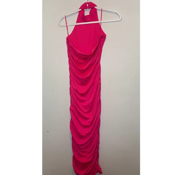 Superdown Revolve Mallory High Neck Midi Ruched Dress Halter Hot Pink