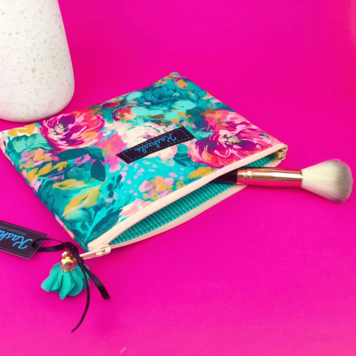 Teal and Pink Floral Small Clutch, Small makeup bag.