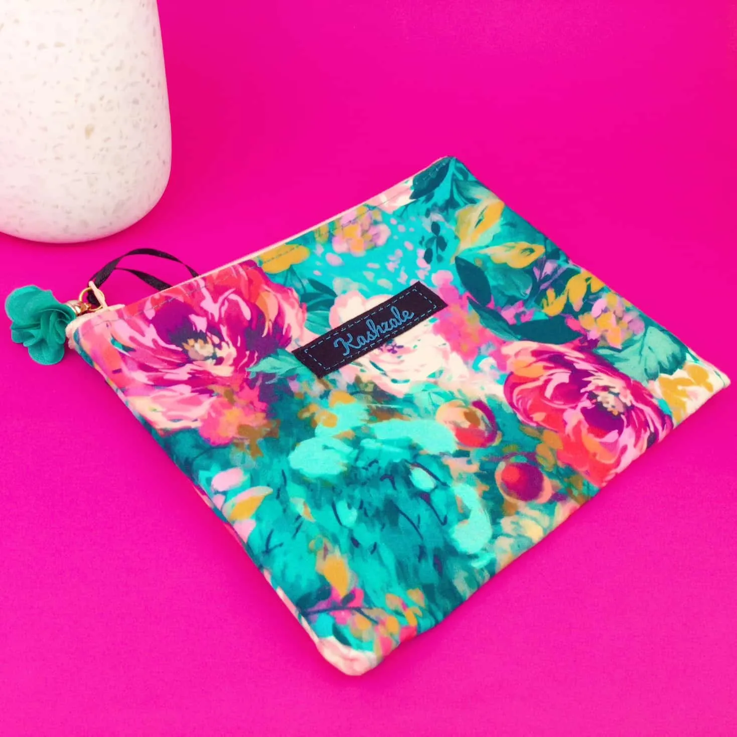 Teal and Pink Floral Small Clutch, Small makeup bag.