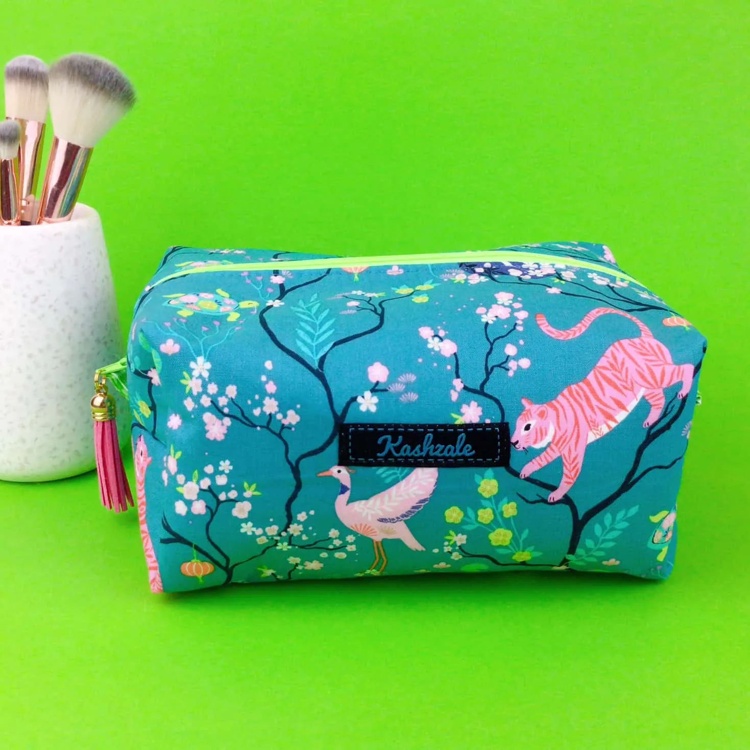 Teal Pandas and Tigers Large Box Cosmetic Bag. Teal Makeup Bag