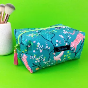 Teal Pandas and Tigers Large Box Cosmetic Bag. Teal Makeup Bag