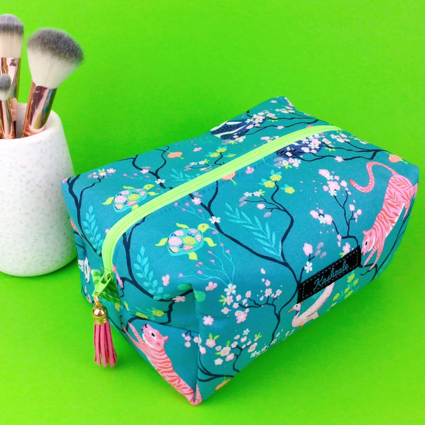 Teal Pandas and Tigers Large Box Cosmetic Bag. Teal Makeup Bag