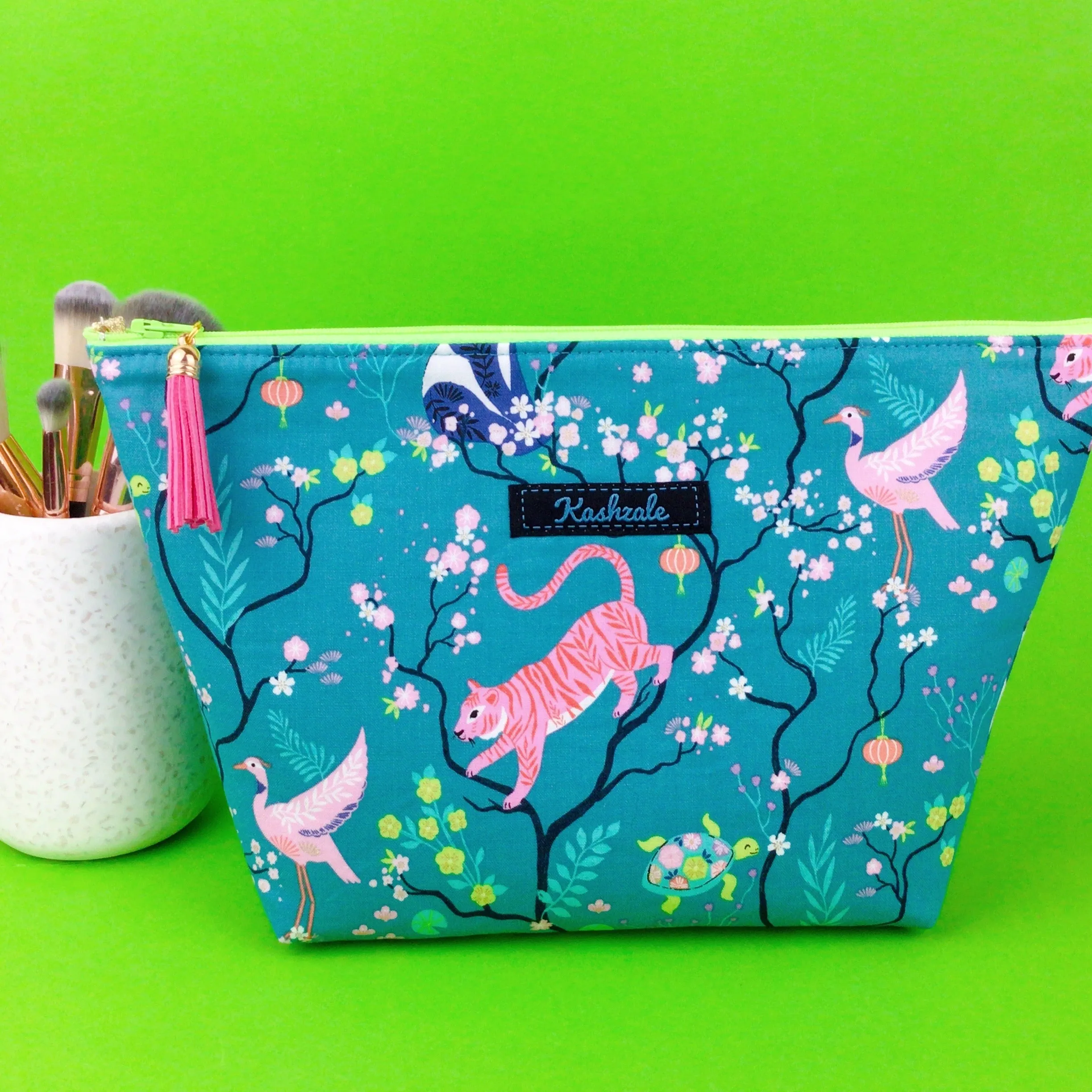 Teal Pandas and Tigers Large Makeup Bag.