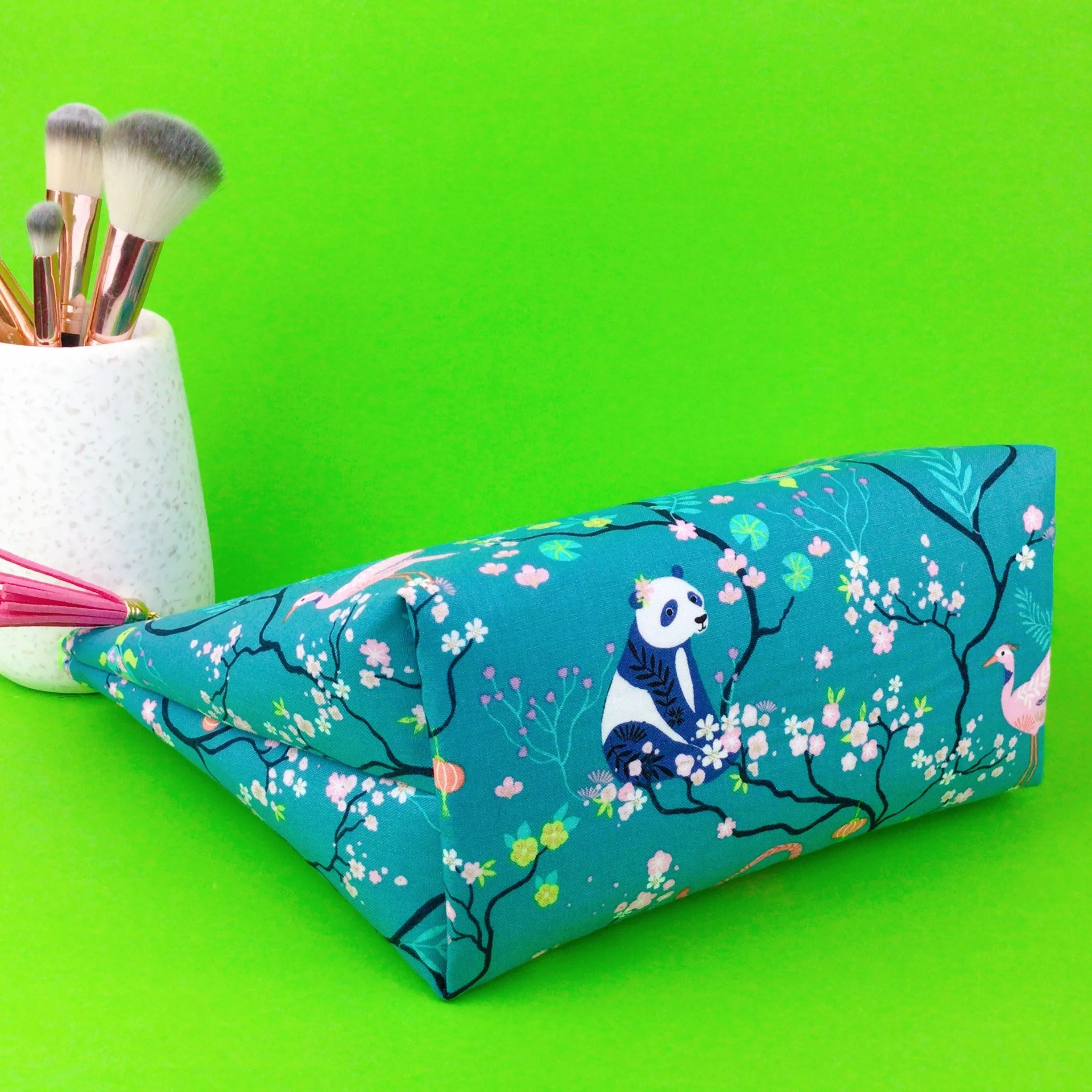 Teal Pandas and Tigers Large Makeup Bag.
