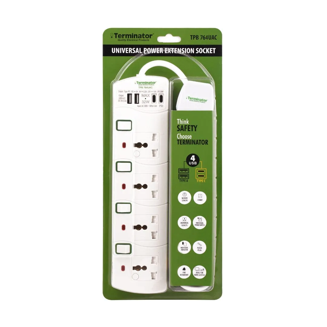 Terminator 4-Way Universal Power Extension Socket with USB - TPB 764UAC-3M